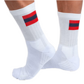 A pair of men's tennis socks with white color and a red stripe, designed to keep cool and dry with underfoot terry for comfort.