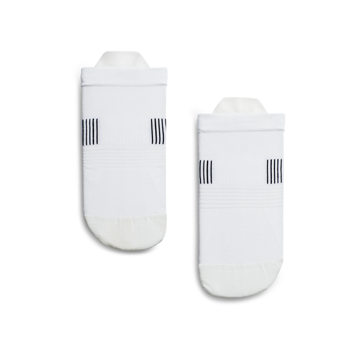 A pair of white ultralight low-cut running socks with strategically placed anti-blister patches and padded arch support.