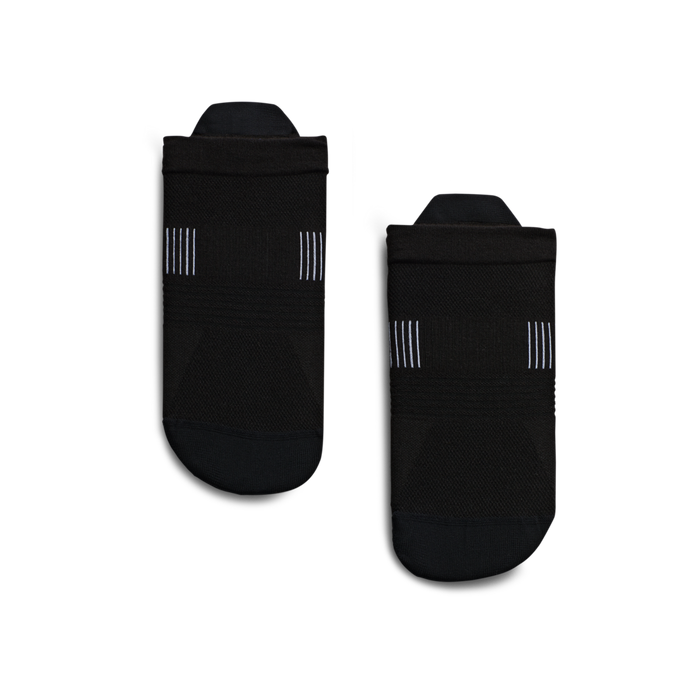 A pair of black ultralight low-cut running socks with strategically placed anti-blister patches and padded arch support.