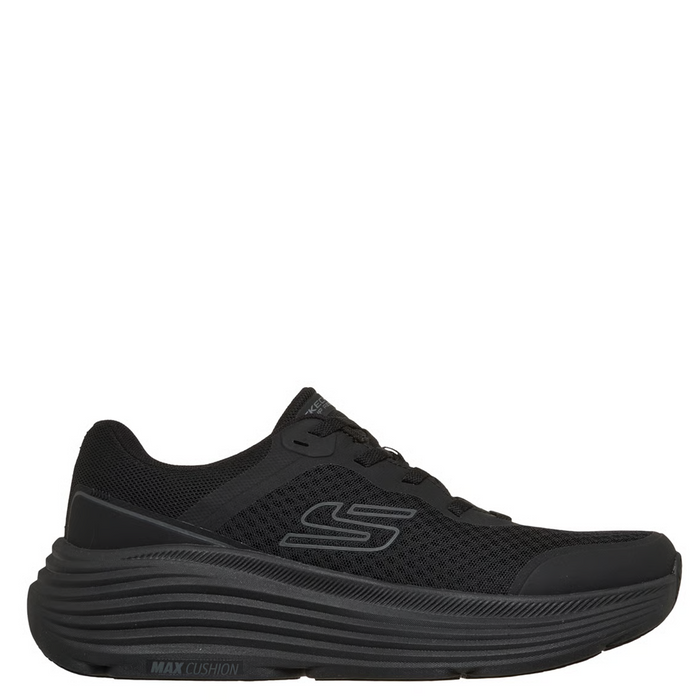 Black sneaker with a brand logo on a white background