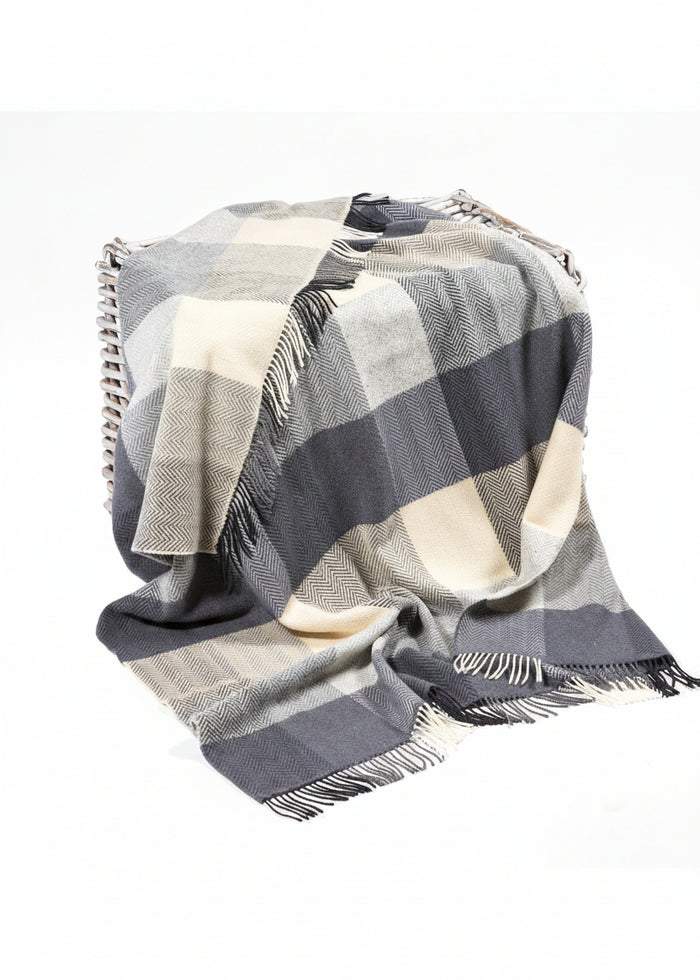 Merino Wool Cashmere Throw Cream Grey Large Block Herringbone