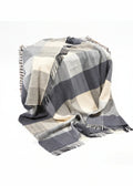 Merino Wool Cashmere Throw Cream Grey Large Block Herringbone