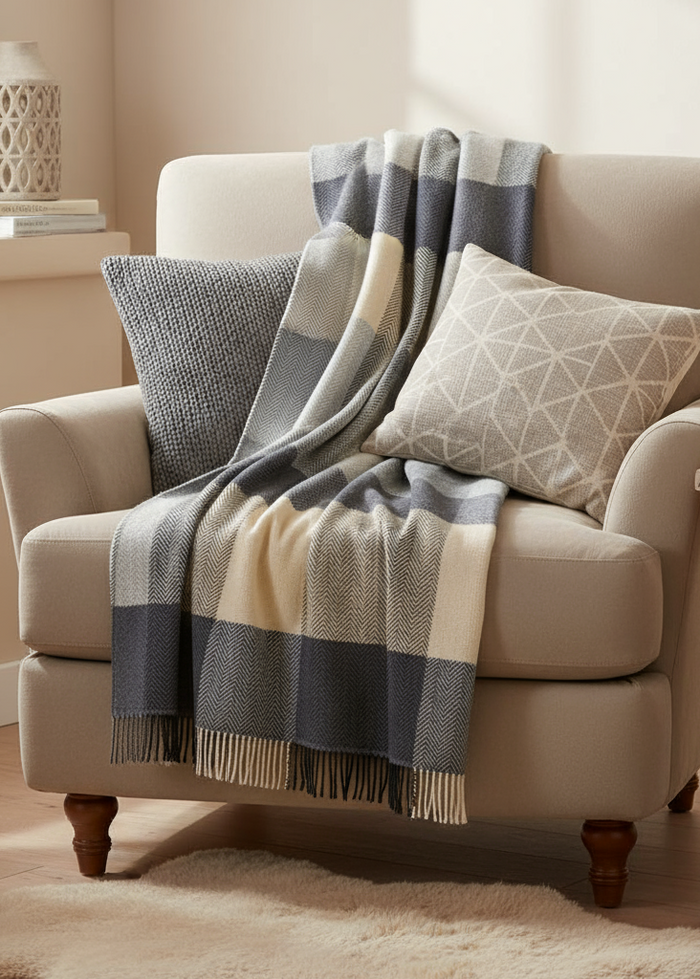 Merino Wool Cashmere Throw Cream Grey Large Block Herringbone