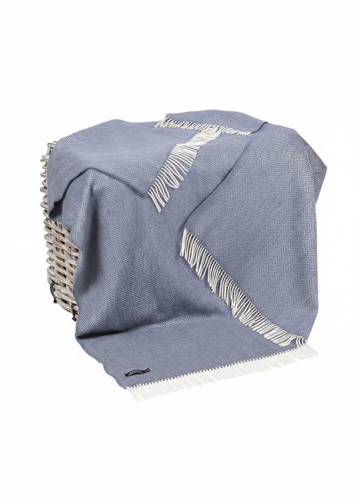 Merino Wool Cashmere Throw Denim Cream Herringbone