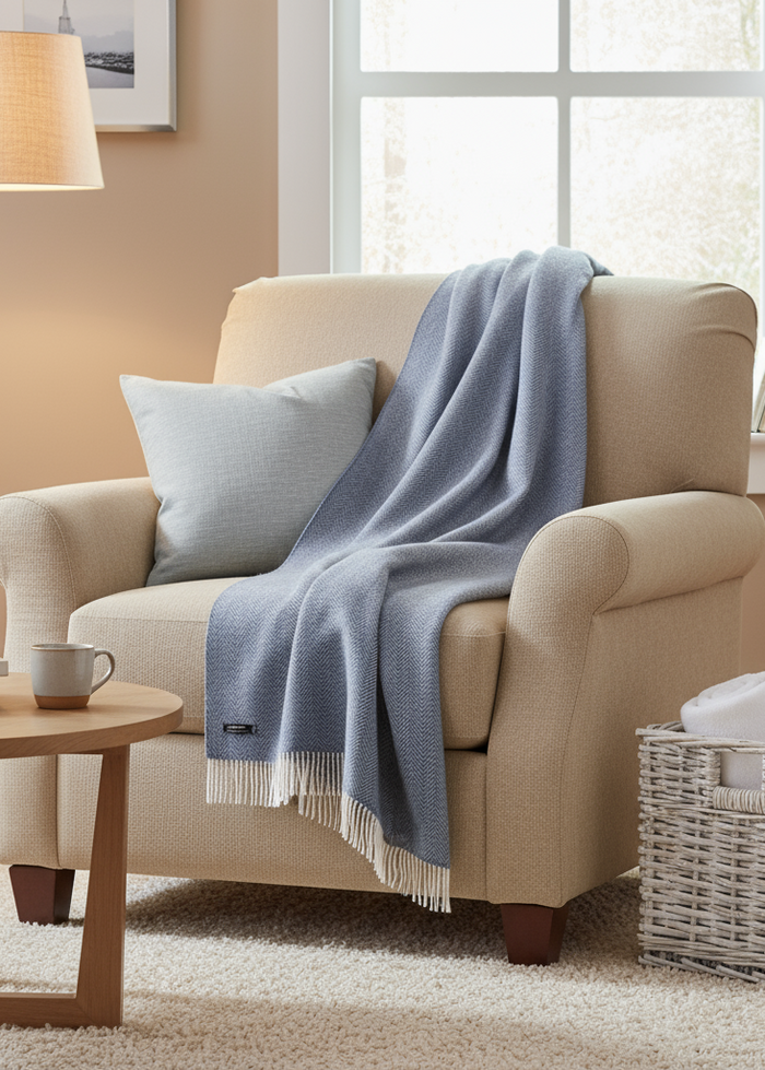 Merino Wool Cashmere Throw Denim Cream Herringbone