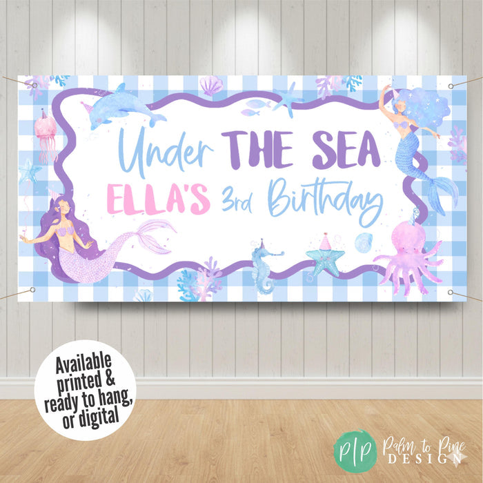 Personalized Three under the sea mermaid banner with light blue gingham background and watercolor ocean animals and mermaids available as a printed ready to hang vinyl banner or digital download