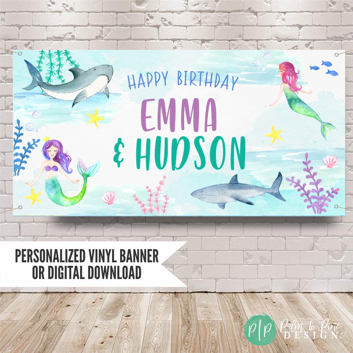 Mermaid and Shark theme Birthday banner for siblings joint birthday