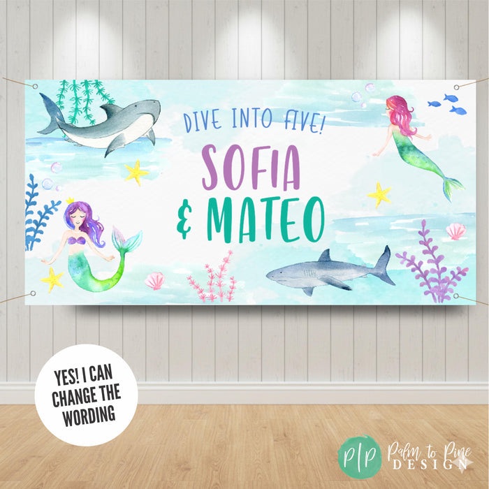 Under the sea birthday banner featuring watercolor mermaid and shark theme for brother and sister joint birthday celebration.