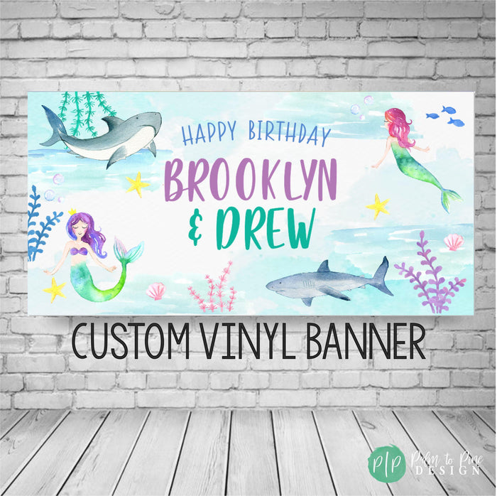 Under the Sea Shark and Mermaid Birthday Banner for Boy Girl birthday with sharks and mermaids and ocean animals like jellyfish and starfish