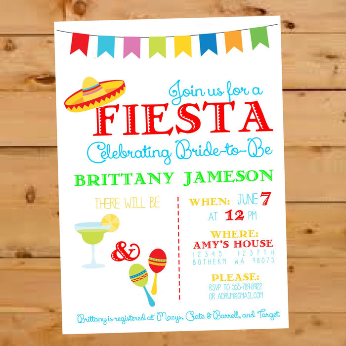 Mexican fiesta bridal shower invitation, personalized with bride's name and party details