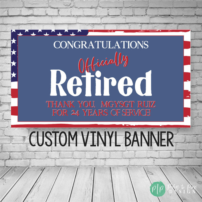 custom military retirement banner personalized for any branch with American flag background and military insignia