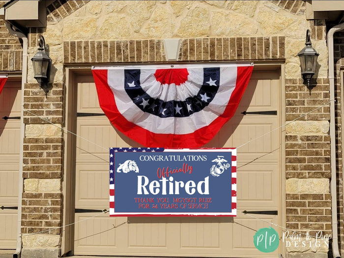 Custom military retirement banner with American flag background and personalized branch insignia, perfect for celebrating service members.