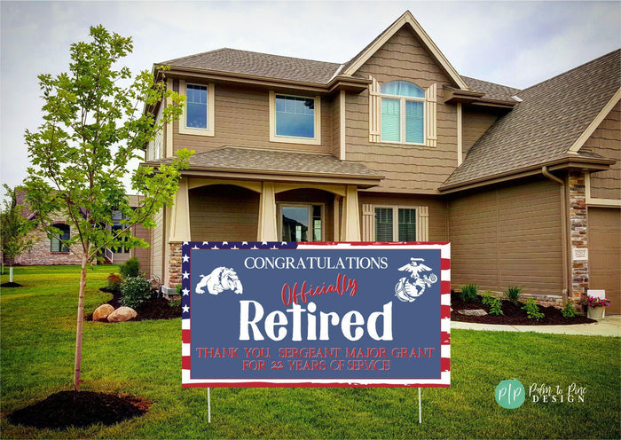 Personalized military retirement party banner featuring the U.S. flag and custom insignia for any branch