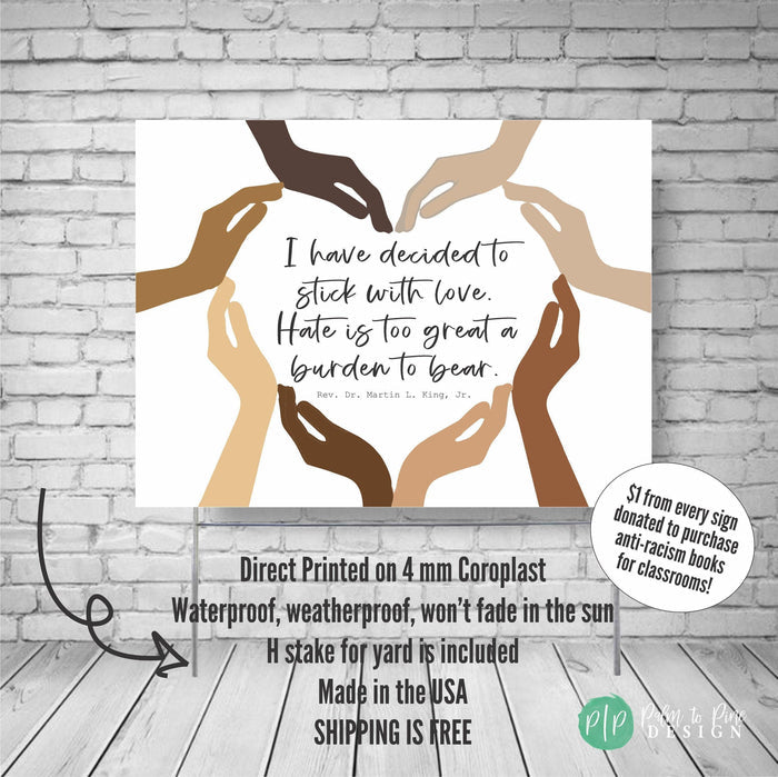 The image is a poster with a message about love and unity, featuring a heart-shaped design with hands of different skin tones and details about printing and shipping processes.