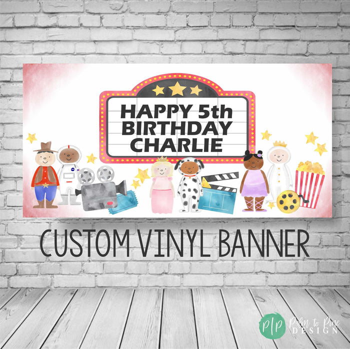 Movie night marquee theme birthday banner for a sleepover party, personalized with name and age