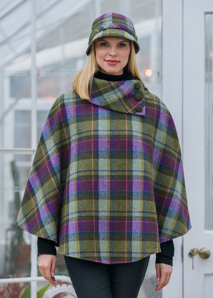 Mucros Irish Poncho | Green Purple Check