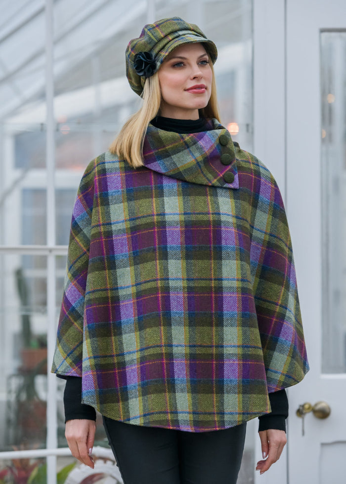 Mucros Irish Poncho | Green Purple Check