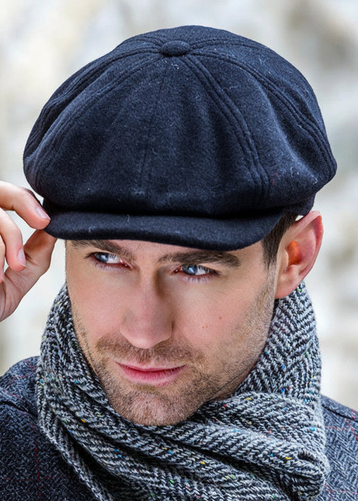 Mucros Premium Wool Driving Cap | Classic 8-Piece Black Flat Cap