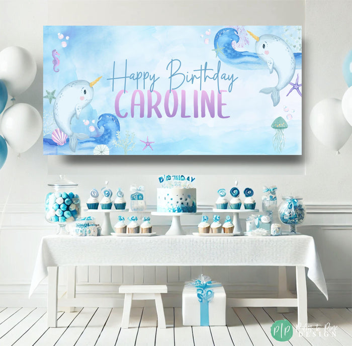 personalized under the sea birthday banner for kids with narhwhal