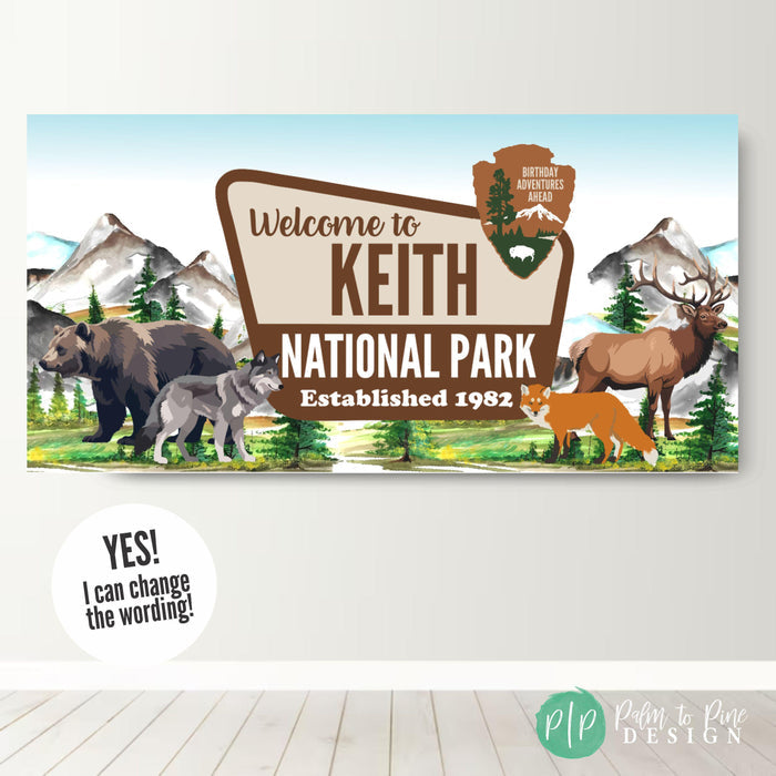 Personalized national park birthday banner on brick wall with wording "Yes! I Can change the wording"