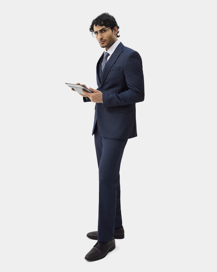 Navy Three Piece Textured Suit - Hiver