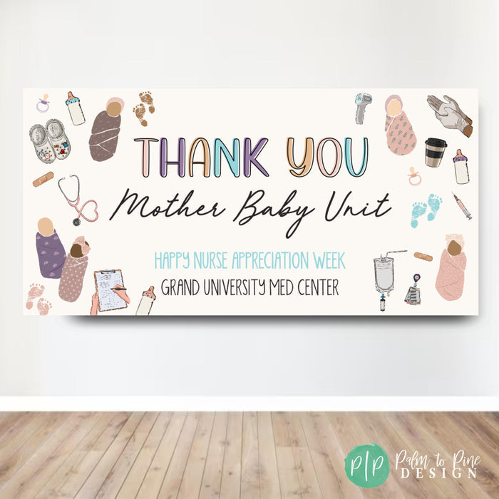 Thank you Mother Baby Unit Appreciation Banner with babies in swaddles and hospital equipment