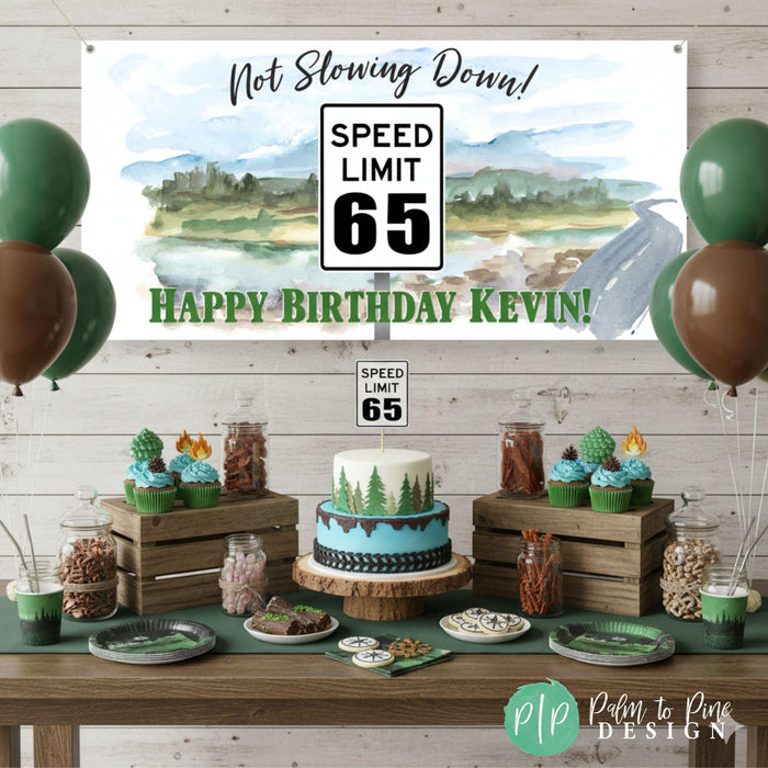 Men's 65th Birthday party with outdoors not slowing down speed limit sign theme