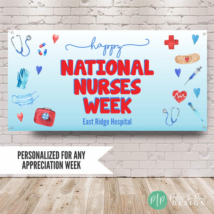 Happy National Nurses Week Appreciation Banner with medical supplies in light blue and red color palette