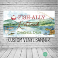 adult fishing themed retirement banner that includes a watercolor background of a lake and fishing equipment clipart like a fishing rod and reel, bobbers and fish