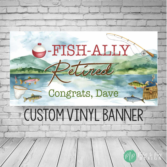 adult fishing themed retirement banner that includes a watercolor background of a lake and fishing equipment clipart like a fishing rod and reel, bobbers and fish