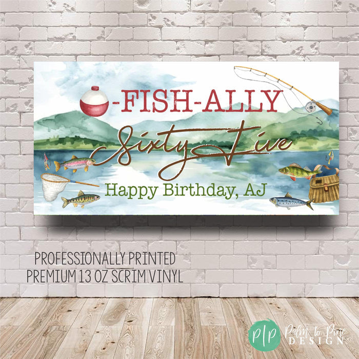 Watercolor lake backdrop birthday banner for fishing celebration for men with detailed fishing equipment clipart like rod, reel, bobbers, and fish accents
