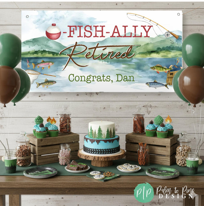 A festive celebration with a banner with a fisherman theme that reads "FISH-ALLY Retired Congrats, Dan" and a table filled with food and drinks, including cupcakes, cookies, and other treats.