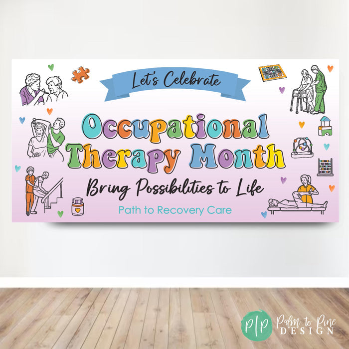 Occupational Therapy Month Appreciation banner with OT clipart images in rainbow color for celebrating Occupational Therapists in April