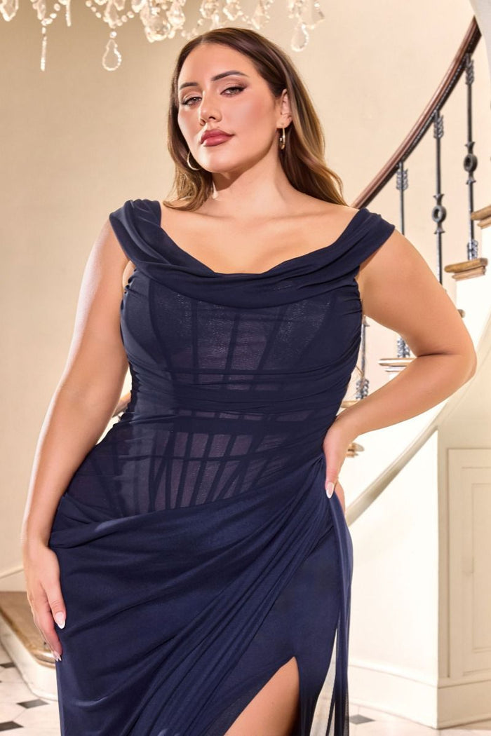 Off Shoulder Layered Tulle Gown By Ladivine CD387C - Women Evening Formal Gown - Curves