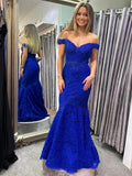 Off Shoulder Mermaid Blue Lace Long Prom Dresses, Mermaid Blue Formal Dresses, Blue Lace Evening Dresses