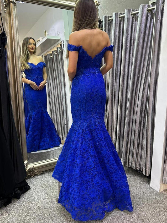 Off Shoulder Mermaid Blue Lace Long Prom Dresses, Mermaid Blue Formal Dresses, Blue Lace Evening Dresses
