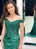 Off the Shoulder Green Mermaid Lace Prom Dresses, Off the Shoulder Green Mermaid Lace Formal Evening Dresses