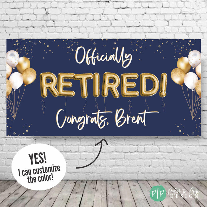 retirement personalized banner in navy and gold with confetti and balloons