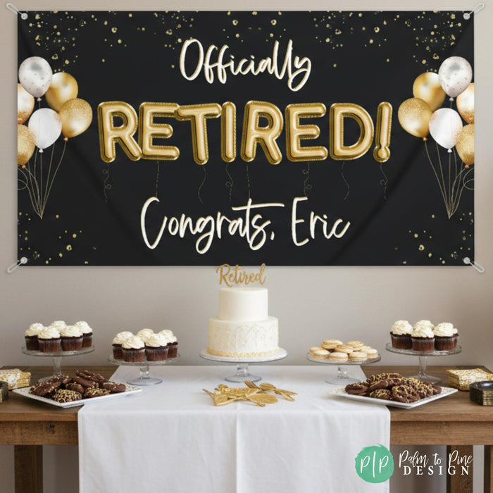 The image is a banner for a retirement party, with a table set up with desserts and a cake, celebrating the retiree's accomplishments.