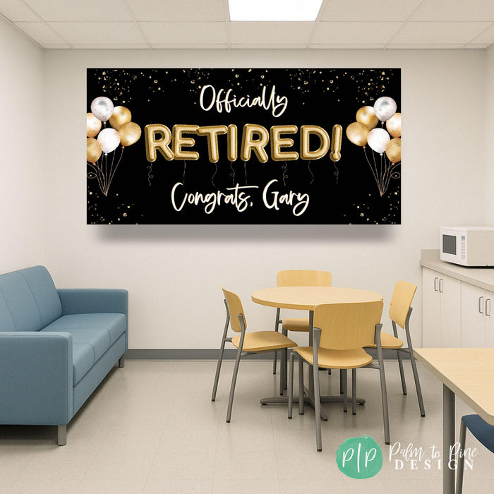black background with gold lettering retirement banner for breakroom