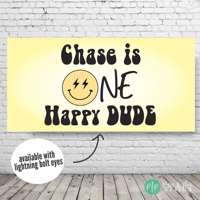 smiley face birthday banner with lightening bolt eyes for boys first birthday