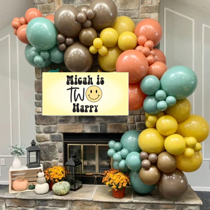Two Cool birthday banner with smiley face and balloon garland backdrop
