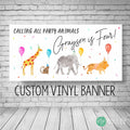 Party Animal jungle birthday banner with watercolor animals and tropical leaves, personalized with child’s name for a wild one safari party or zoo theme