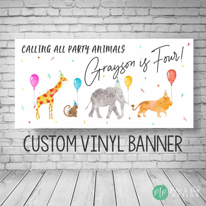 Party Animal jungle birthday banner with watercolor animals and tropical leaves, personalized with child’s name for a wild one safari party or zoo theme