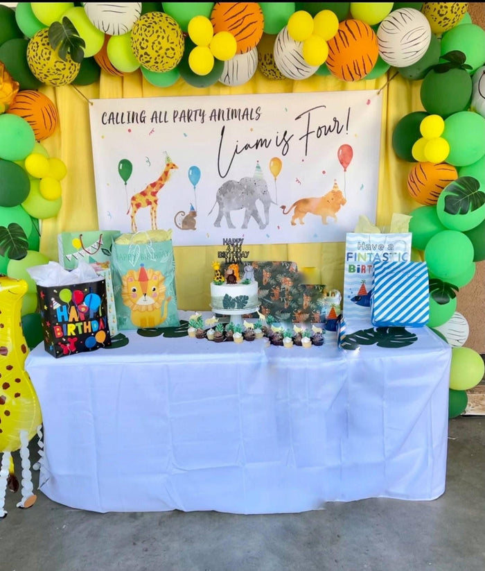 Custom Party Animal banner with watercolor safari animals and greenery, perfect for a wild one birthday or jungle-themed party backdrop
