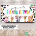 Jungle Party Animals Birthday banner for girls with safari animals in party hats and glasses