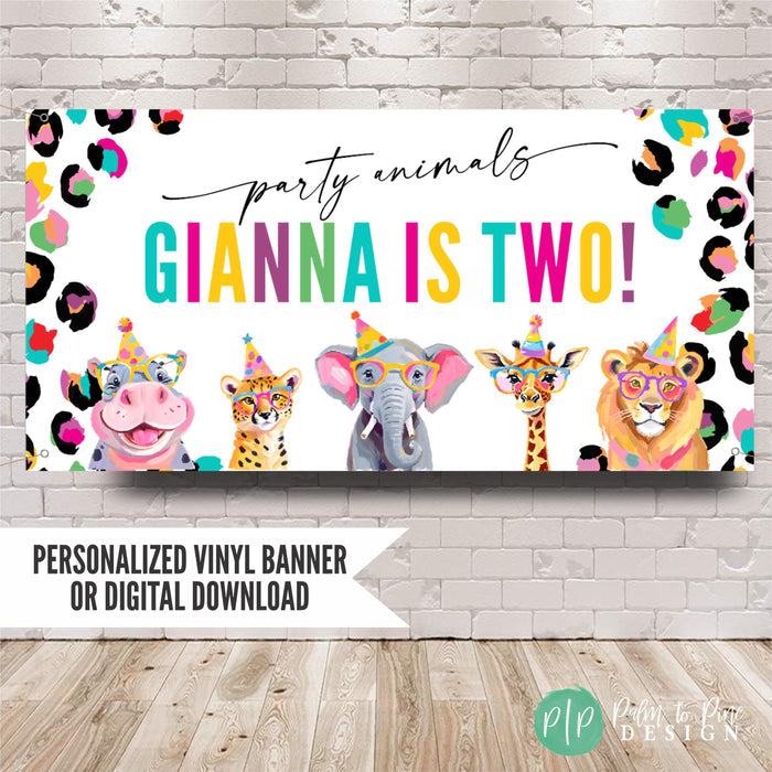 Jungle Party Animals Birthday banner for girls with safari animals in party hats and glasses