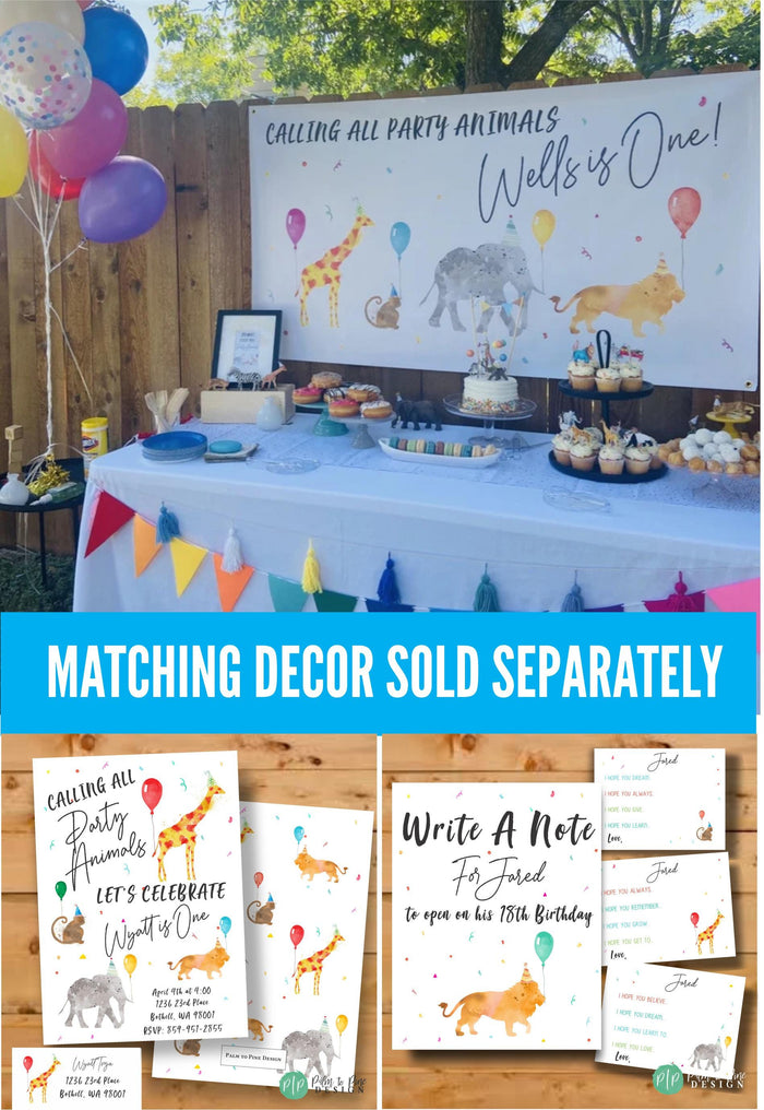 Party Animal Birthday Theme with banner, invitation and party signs
