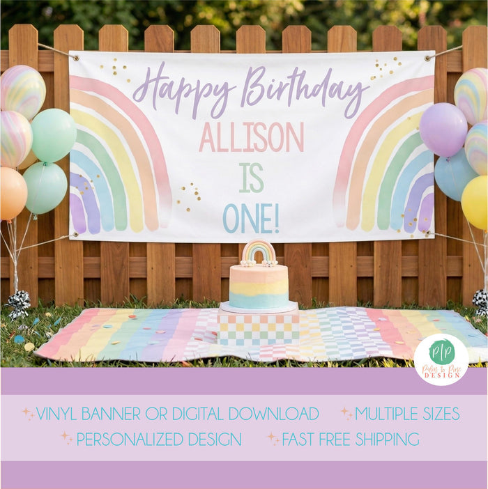 pastel rainbow birthday cake smash photo with personalized banner and blanket with cake in backyard setting.