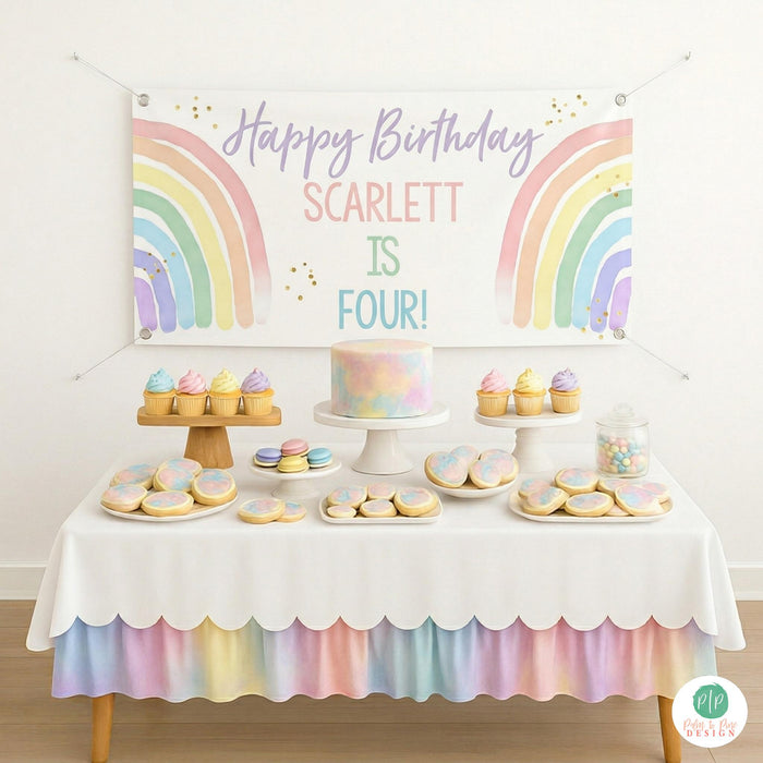 Pastel rainbow birthday dessert table and personalized banner for girls